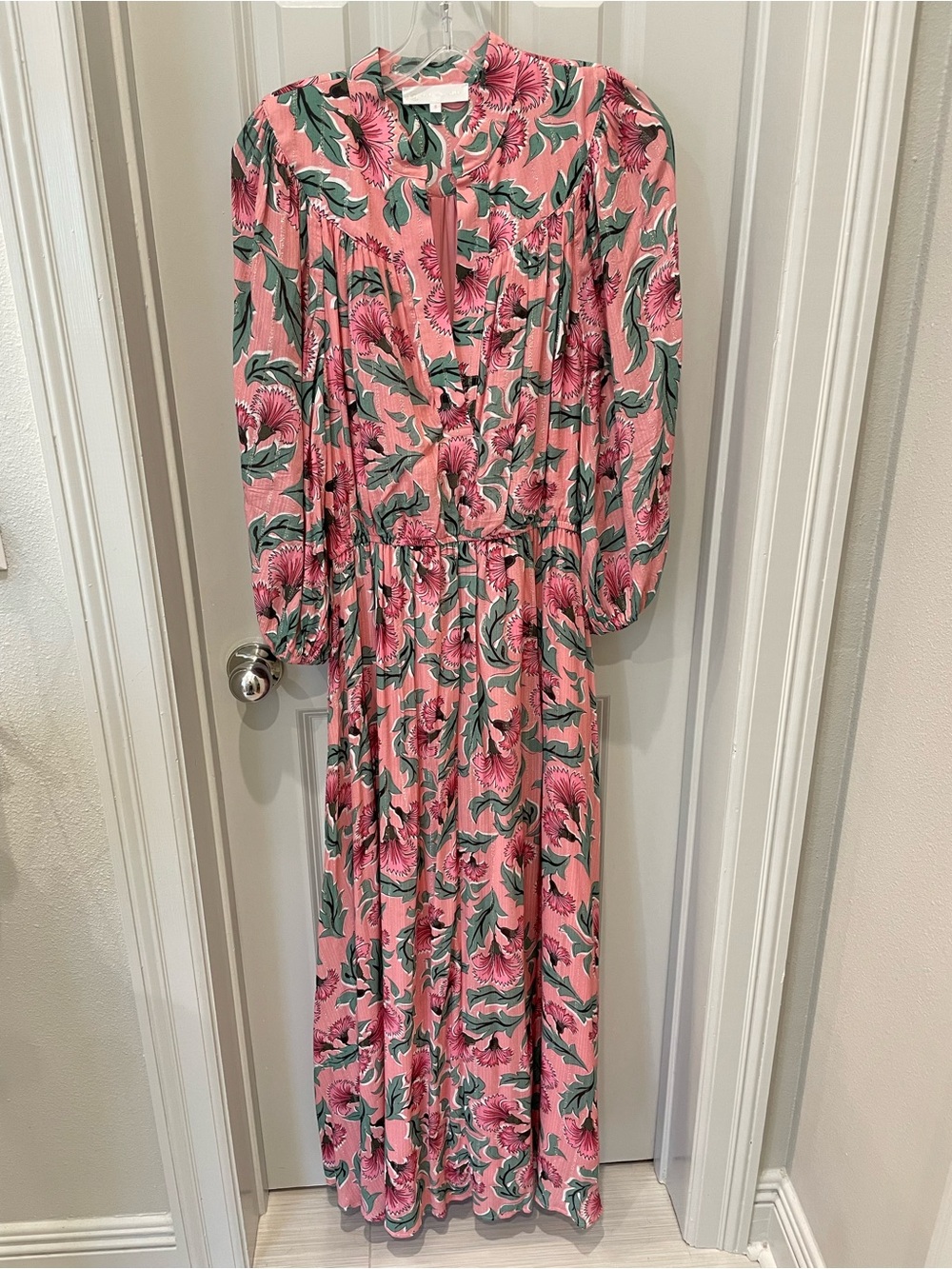 Corey Lynn Calter Pink Floral Maxi Dress with Green Leaf Print